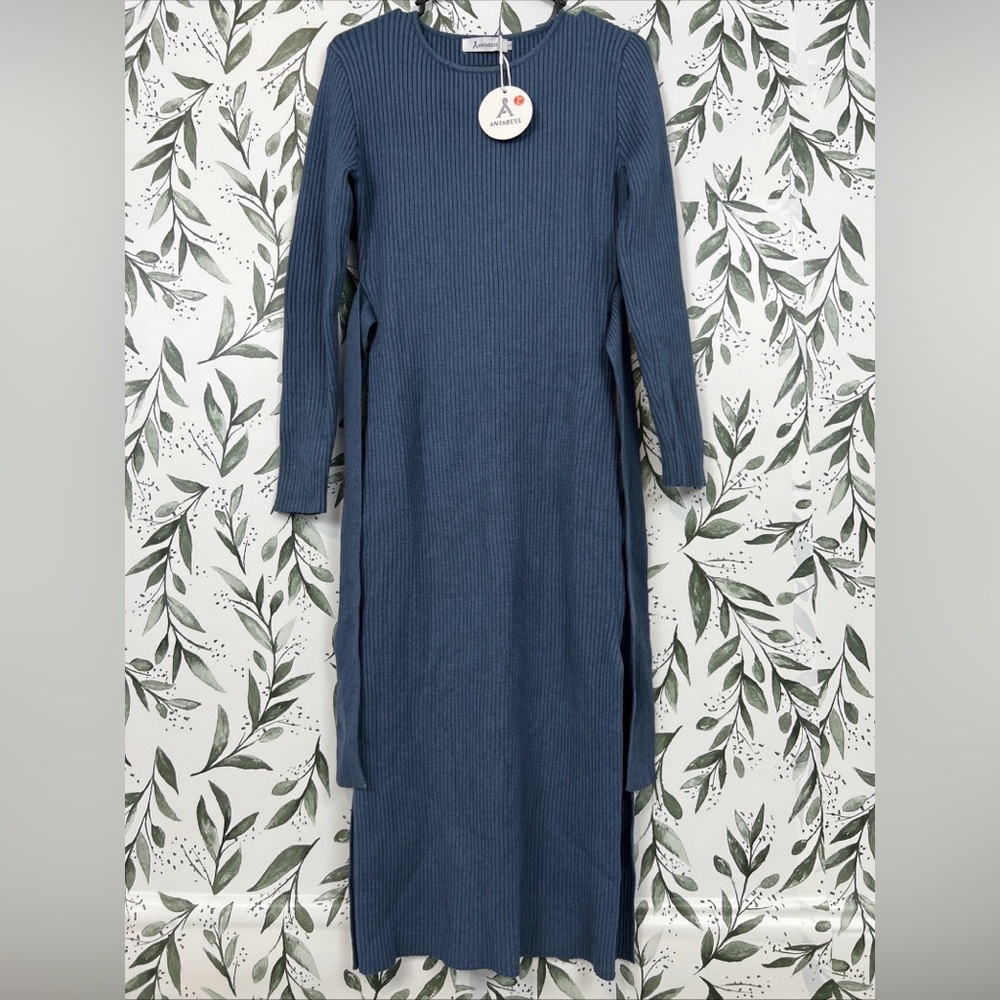 Anrabess Women's Light Blue Sweater Wrap Dress Size L Long Sleeve Stretch NWT